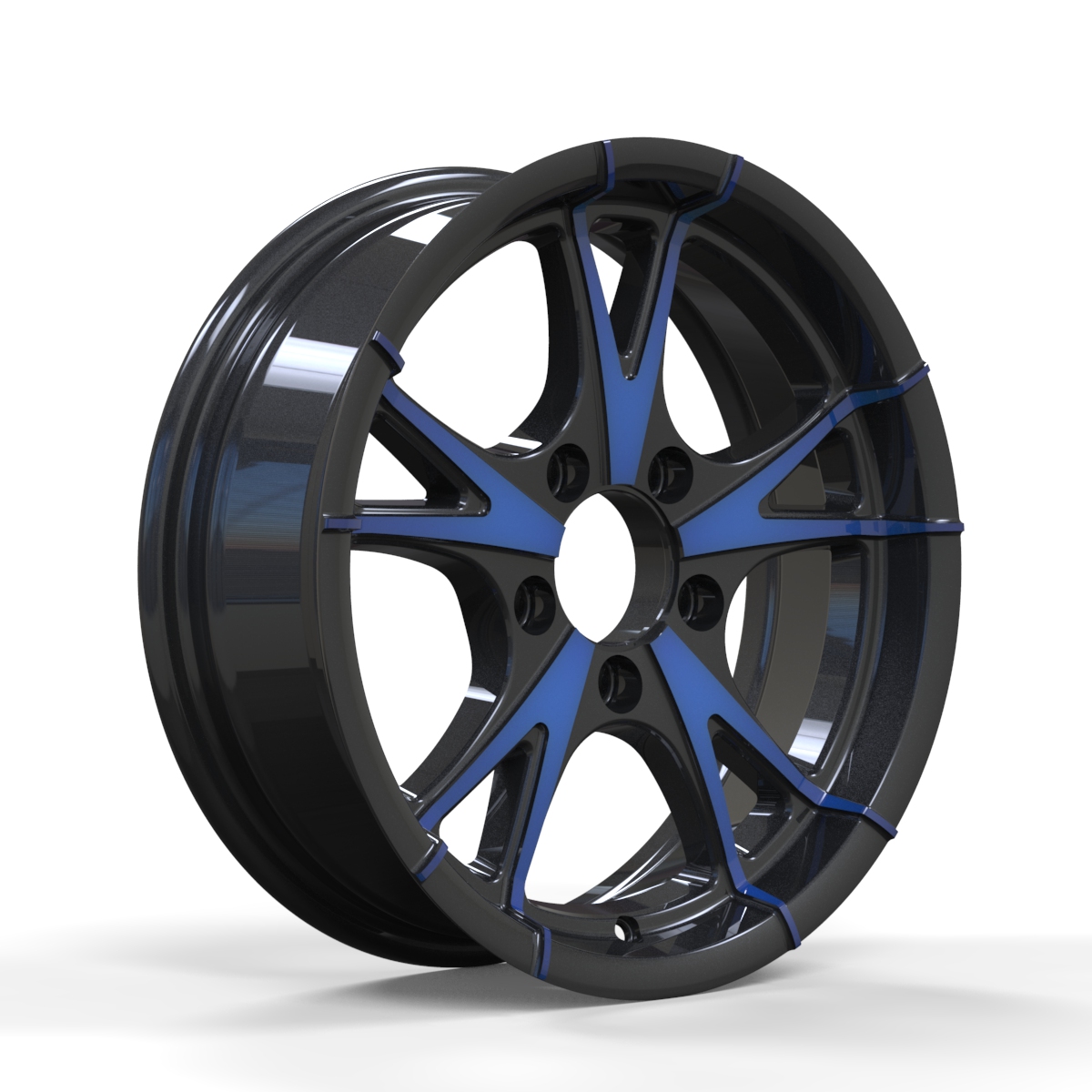 RAGE TRAILER WHEEL RHINO ALUMINUM CW515 , 15X5, 5X4. Black+Blue Face 15X5